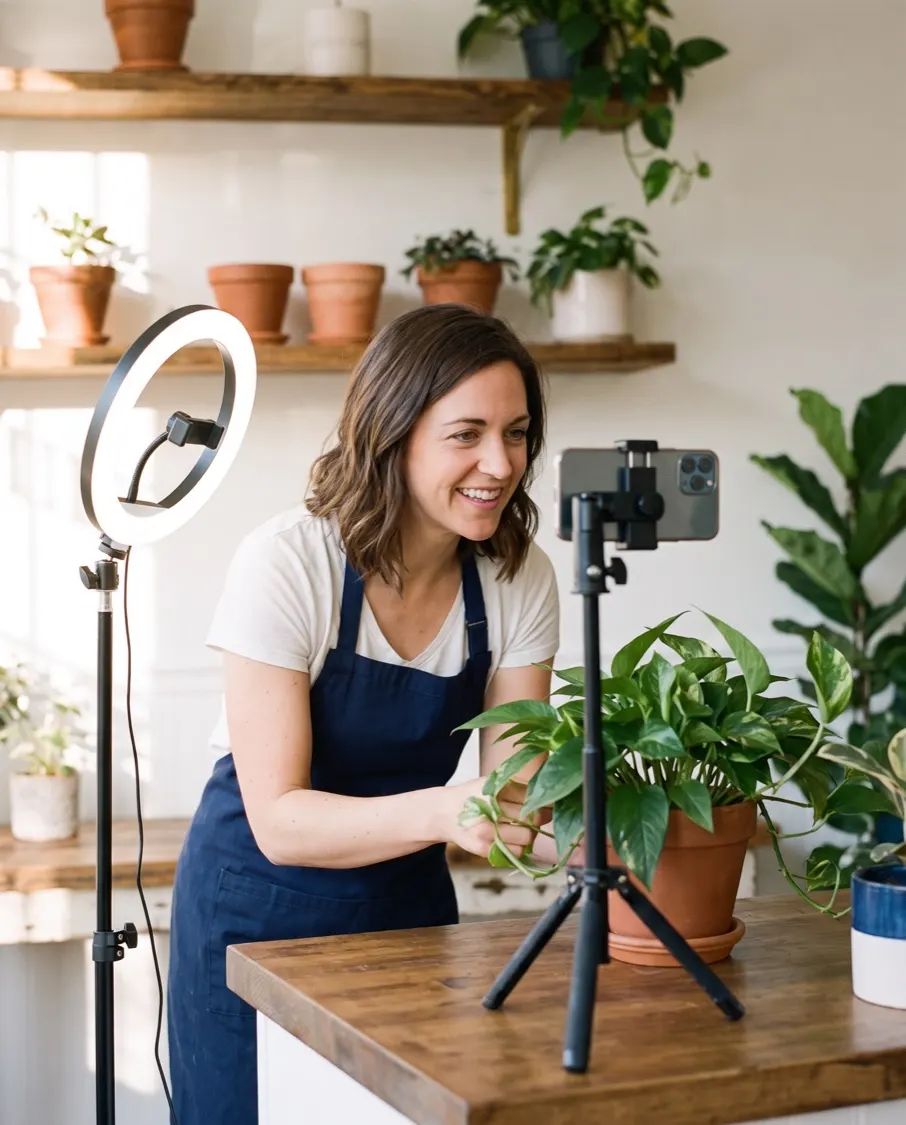 The owner films a potted plant on the counter with her phone on a small tripod