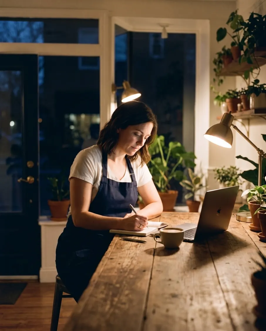 After closing, the owner writes at a laptop on the counter with a cup of coffee
