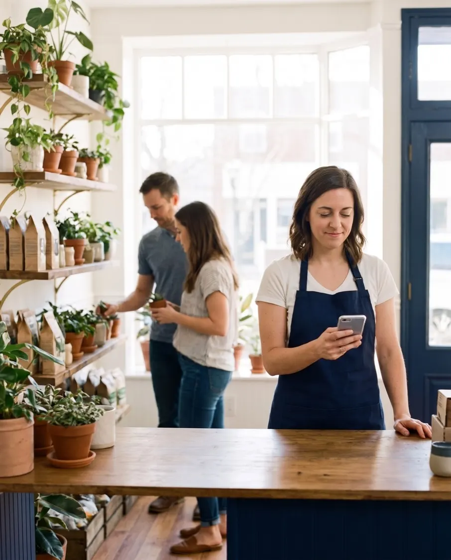 Customers browse the shelves while the owner checks a new message on her phone