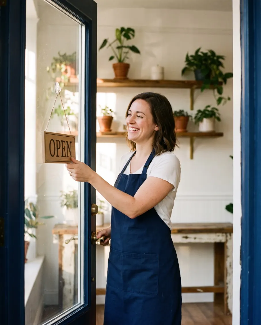 A shop owner in a navy apron turns the sign on her glass door to open on the first morning