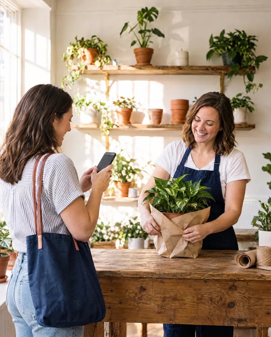 A customer types a review on her phone at the counter while the owner wraps her plant in paper