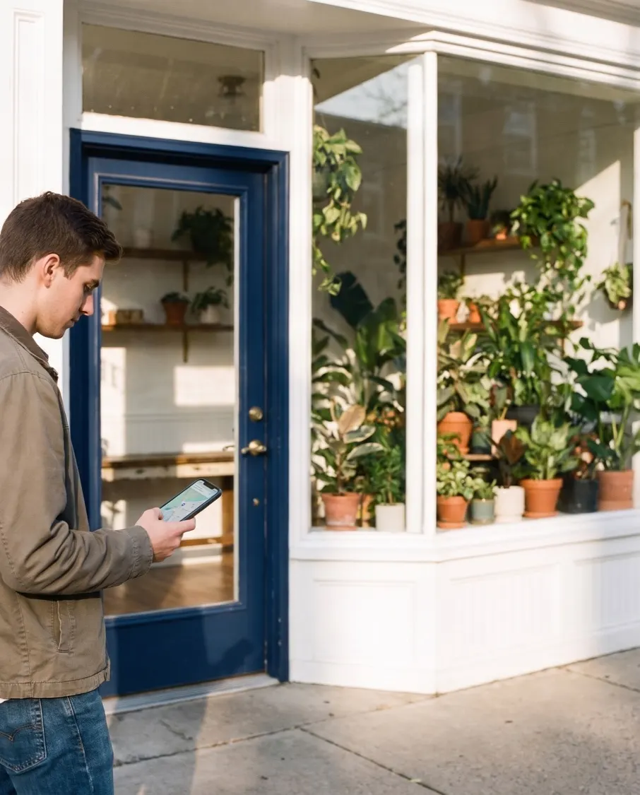 A man on the sidewalk outside the shop looks at a map on his phone
