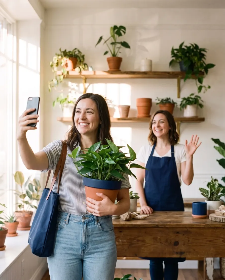 A customer takes a selfie with her new plant while the owner waves from the counter